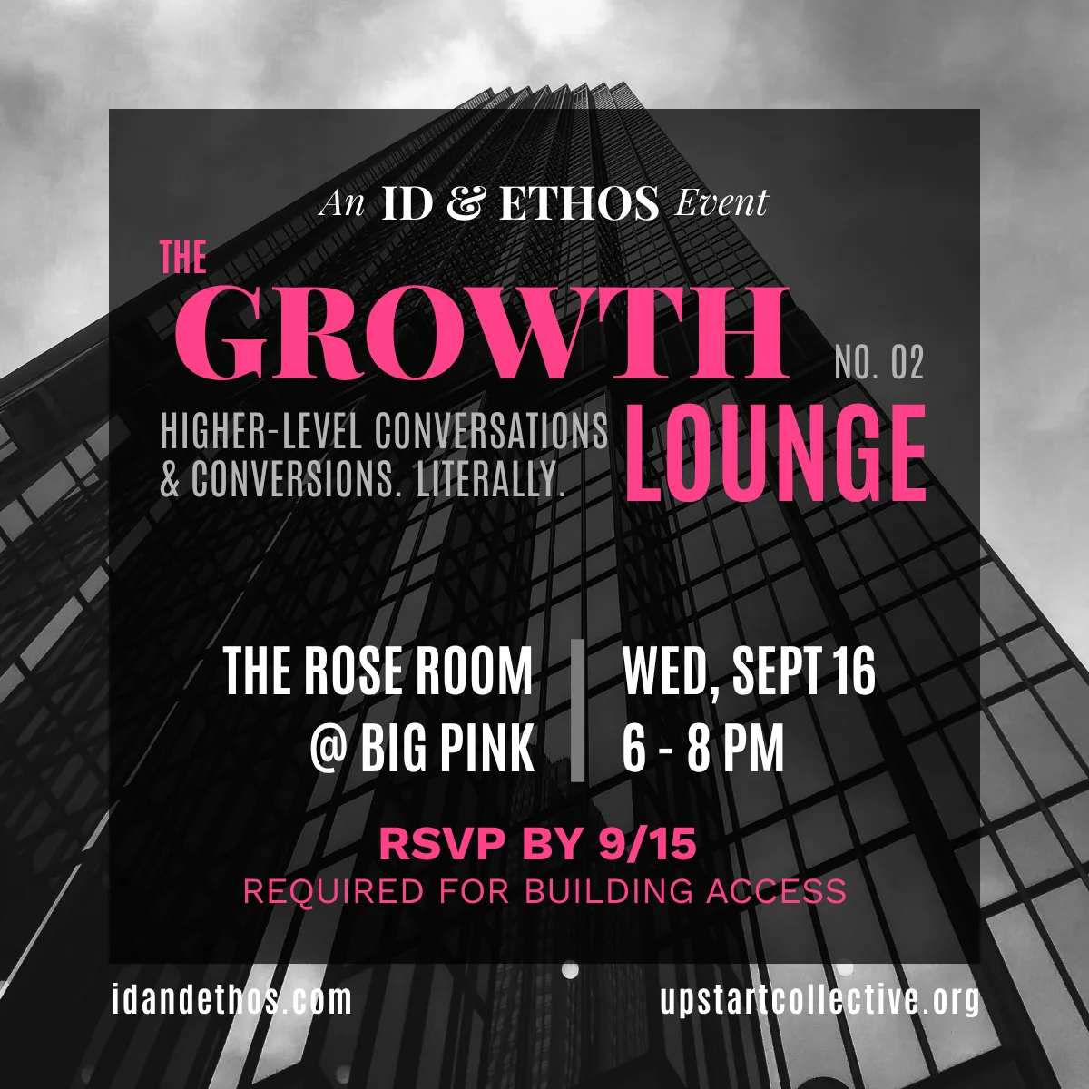 Flyer for The Growth Lounge No. 02 mixer, in hot pink and black